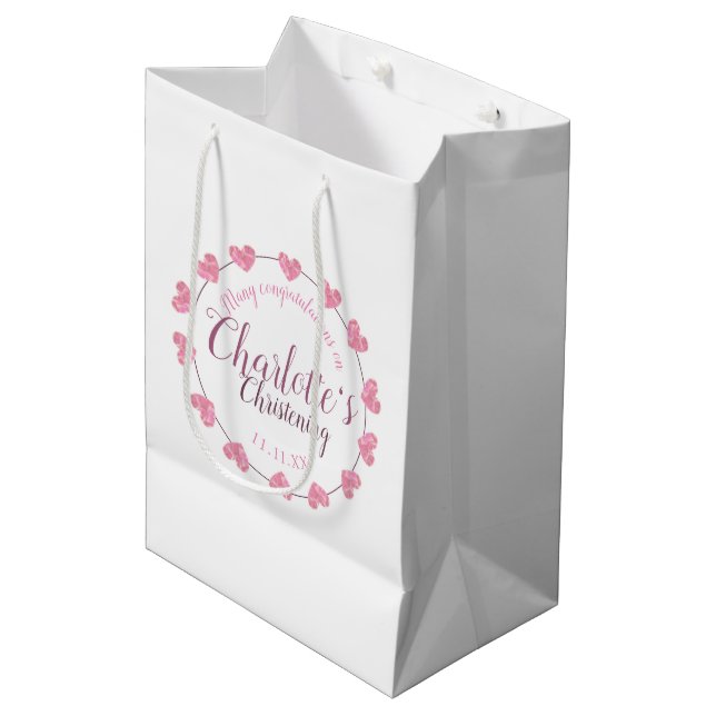 White & pink flower baby girl christening gift bag (Front Angled)