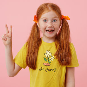 White Pink Flower Be Happy Kids T-Shirt