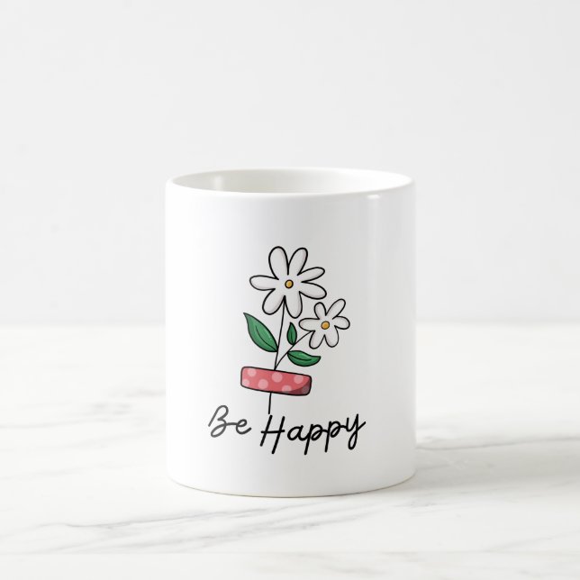 White Pink Flower Be Happy Mug (Center)