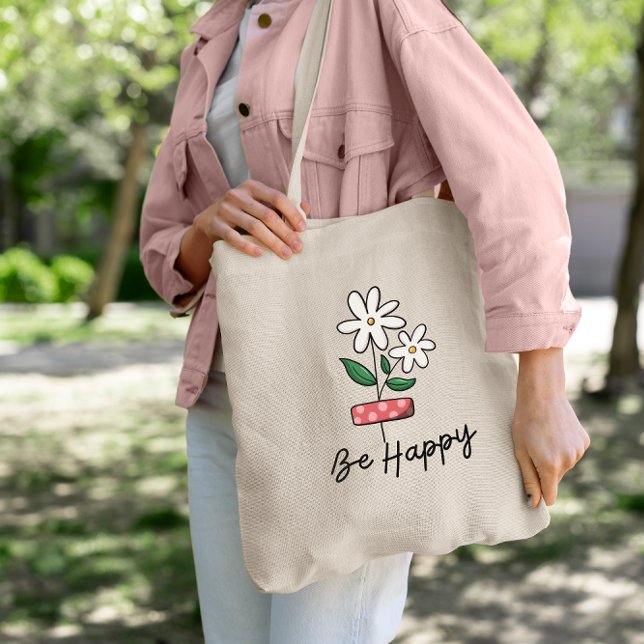 White Pink Flower Be Happy Tote Bag (Creator Uploaded)