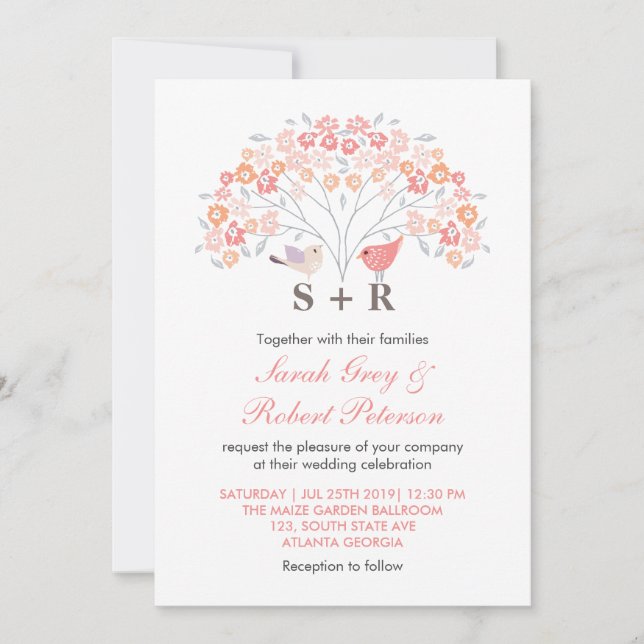 White Pink Flower Love Birds Wedding Invitation (Front)
