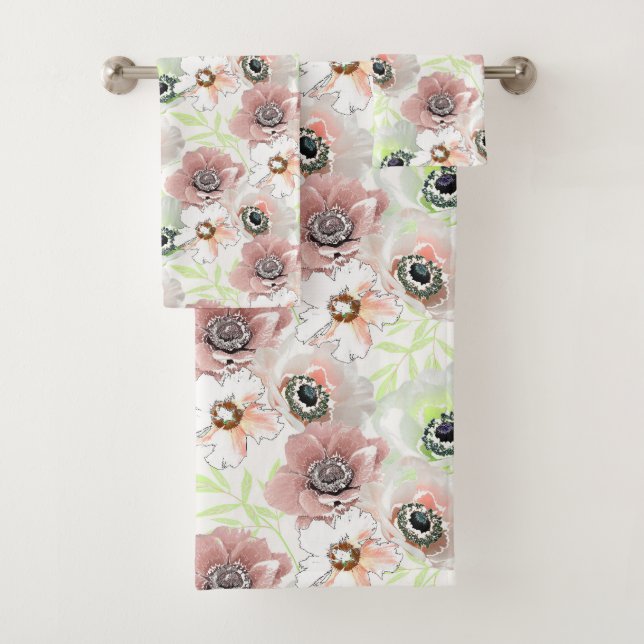 White, pink flowers.  bath towel set (Insitu)