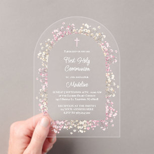white pink flowers First Communion Acrylic Invitations