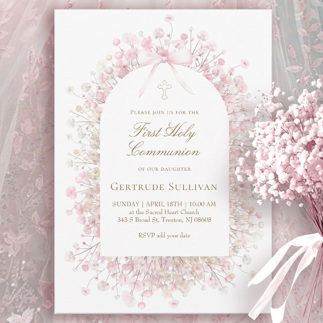 white pink flowers | First Holy Communion Invitation (Creator Uploaded)