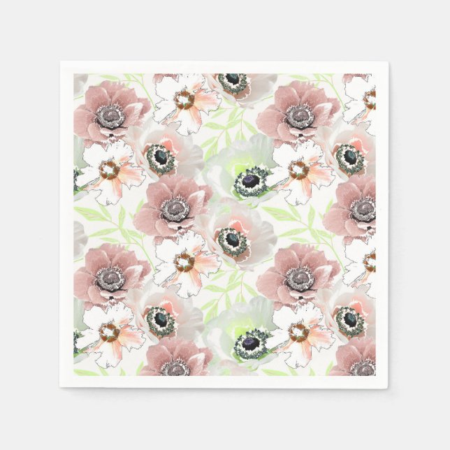 White, pink flowers.  napkin (Front)