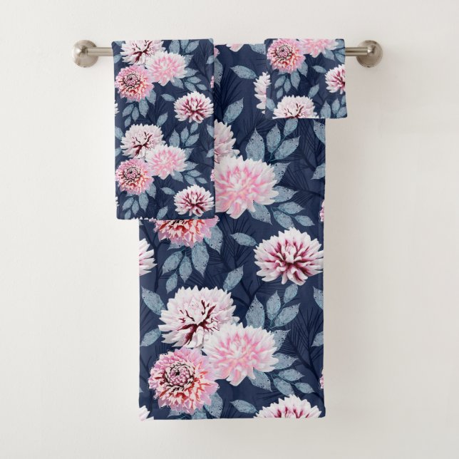  White, pink flowers on dark blue. Bath Towel Set (Insitu)