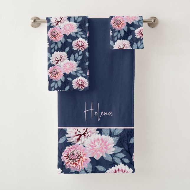  White, pink flowers on dark blue. Bath Towel Set (Insitu)