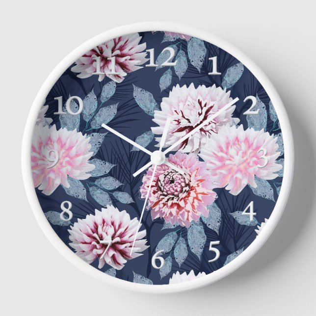  White, pink flowers on dark blue. Clock (Front)