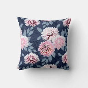  White, pink flowers on dark blue. Cushion