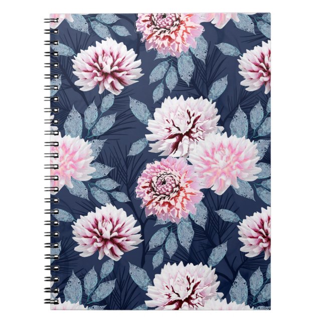  White, pink flowers on dark blue. Notebook (Front)