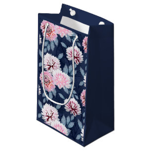 White, pink flowers on dark blue. Small Gift Bag