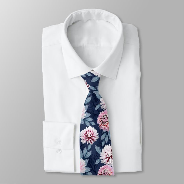  White, pink flowers on dark blue. Tie (Tied)