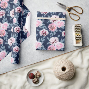 White, pink flowers on dark blue. wrapping paper