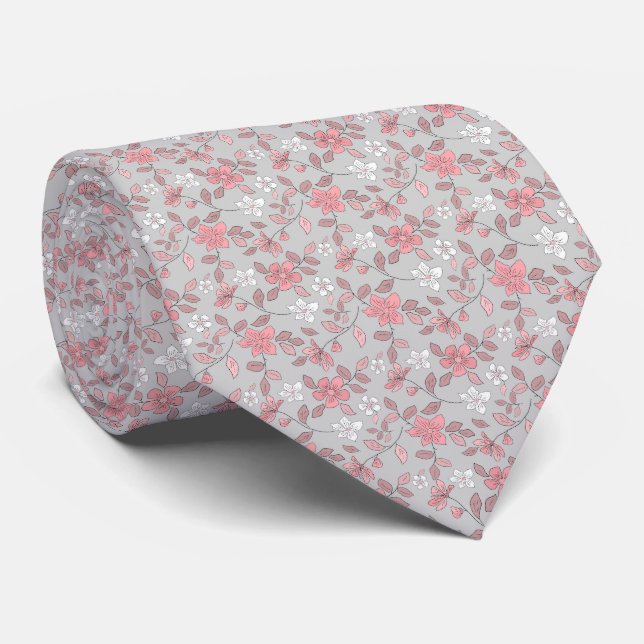White pink flowers on grey background.  tie (Rolled)
