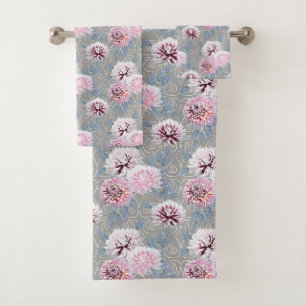 White, pink flowers on grey. bath towel set