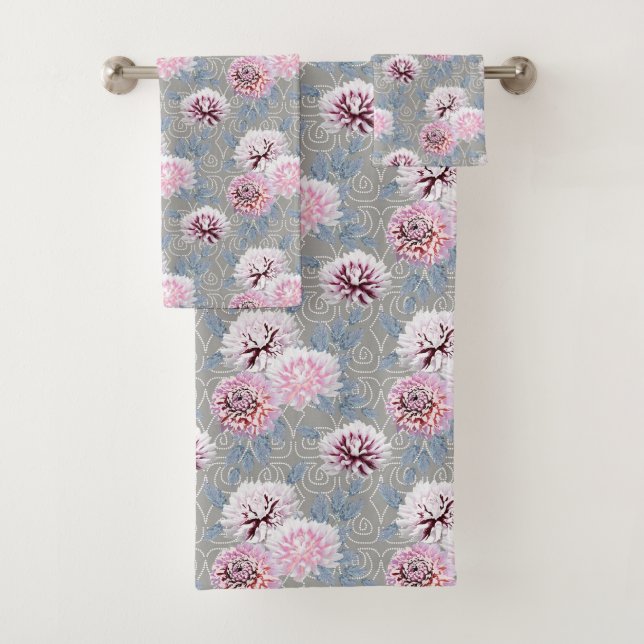 White, pink flowers on grey. bath towel set (Insitu)