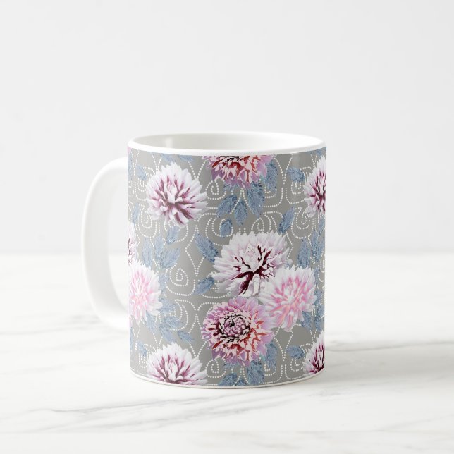 White, pink flowers on grey. coffee mug (Front Left)