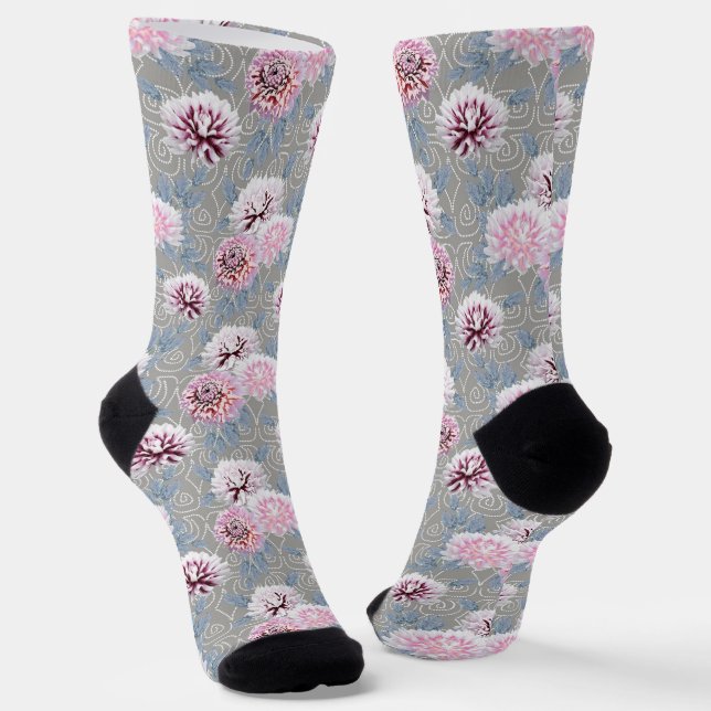 White, pink flowers on grey. socks (Angled)