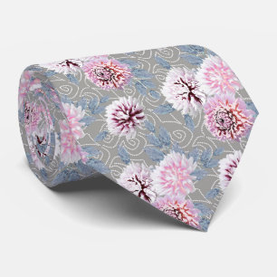 White, pink flowers on grey. tie