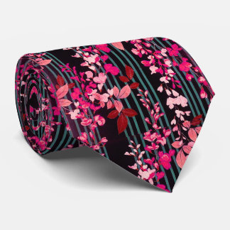 WHITE PINK FLOWERS,TEAL BLUE BLACK STRIPES Floral Tie