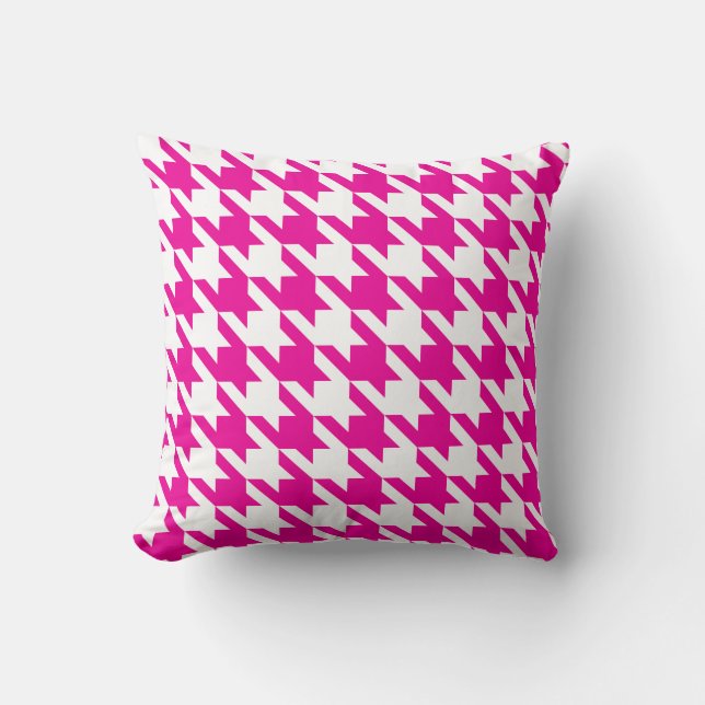 White Pink Fuchsia Pied De Poule Houndstooth Cushion (Front)