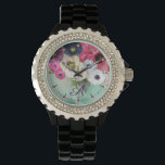 WHITE PINK FUCHSIA ROSES,ANEMONE FLOWERS MONOGRAM<br><div class="desc">Elegant floral watch, white pink white roses and purple blue anemones on teal background with printed pink gemstones.</div>