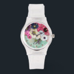 WHITE PINK FUCHSIA ROSES,ANEMONE FLOWERS MONOGRAM<br><div class="desc">Elegant floral watch, white pink white roses and purple blue anemones on teal background with printed pink gemstones.</div>