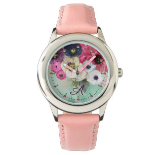 WHITE PINK FUCHSIA ROSES,ANEMONE FLOWERS MONOGRAM WATCH