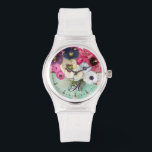 WHITE PINK FUCHSIA ROSES,ANEMONE FLOWERS MONOGRAM WATCH<br><div class="desc">Elegant floral watch, white pink white roses and purple blue anemones on teal background with printed pink gemstones.</div>