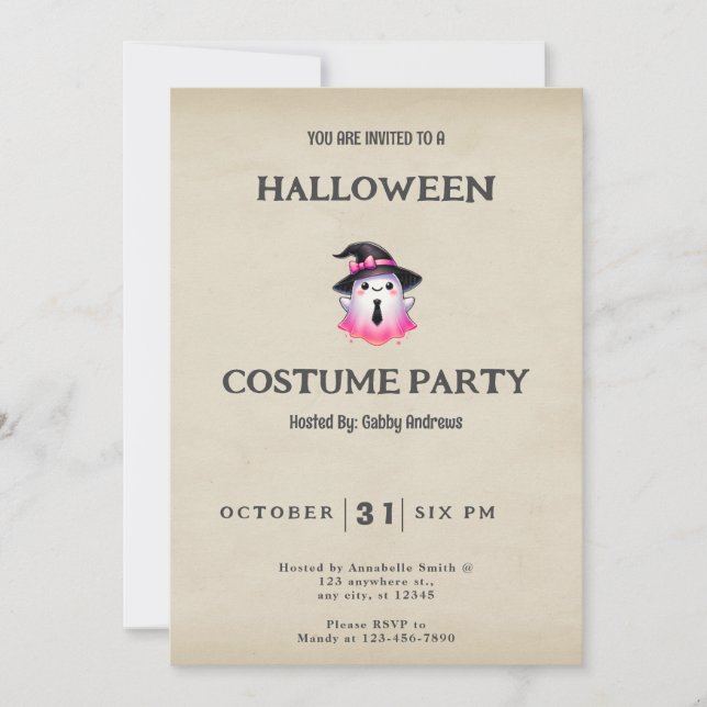 White Pink Ghost Witches Hat Vintage Halloween Invitation (Front)