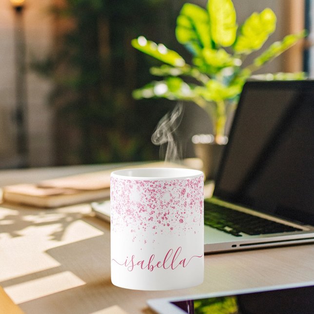 White pink glitter dust metal name script coffee mug (Creator Uploaded)