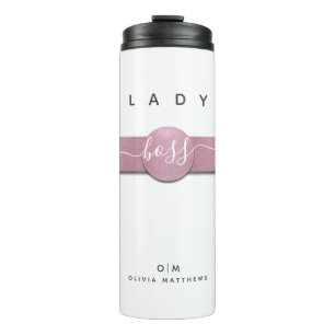 White Pink Glitter Girly Monogram Lady Boss Script Thermal Tumbler
