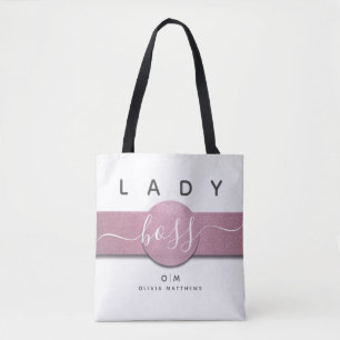 White Pink Glitter Girly Monogram Lady Boss Script Tote Bag
