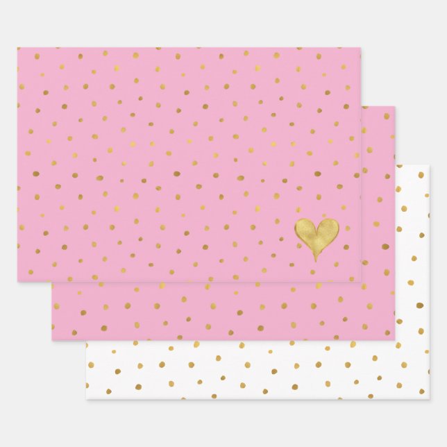White Pink Gold Dots Heart Birthday Wrapping Paper Sheet (Set)