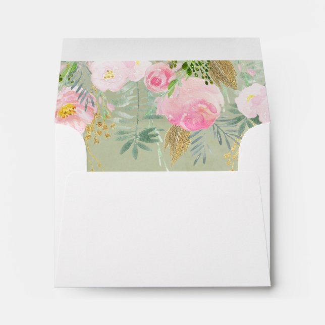 White Pink Gold Floral Sage Green Wedding Envelope (Back (Bottom))