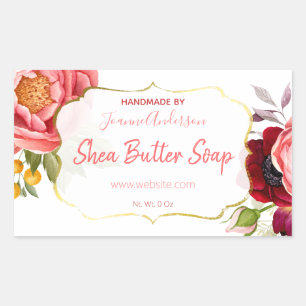 White Pink Gold Floral Watercolor Shea Butter Soap Rectangular Sticker