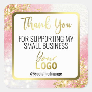 White Pink Gold Glitter Thank You Business Logo Square Sticker