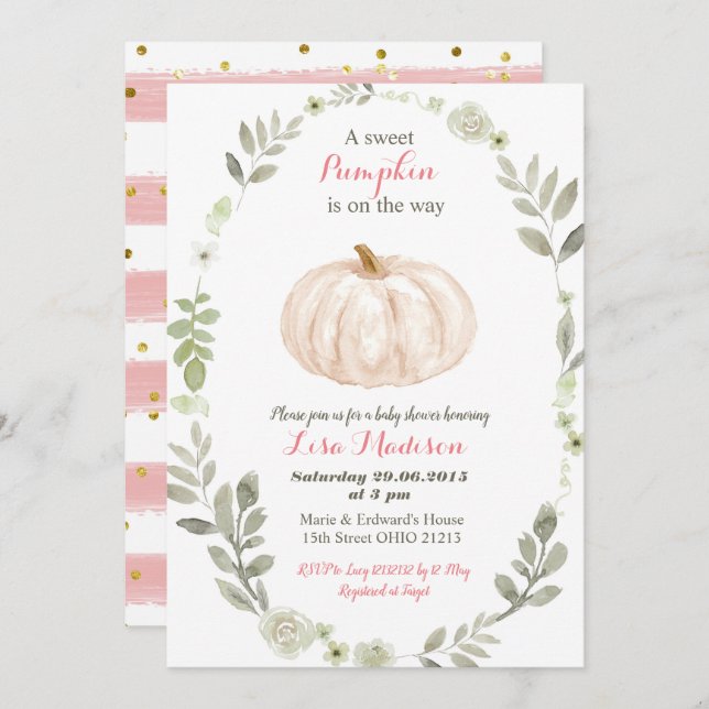 White Pink Gold Pumpkin baby shower Invitation (Front/Back)