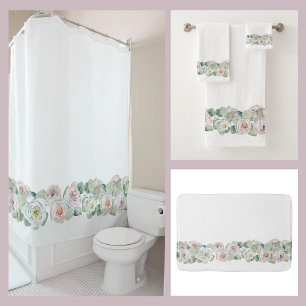 White pink green delicate watercolor roses leaves bath towel set