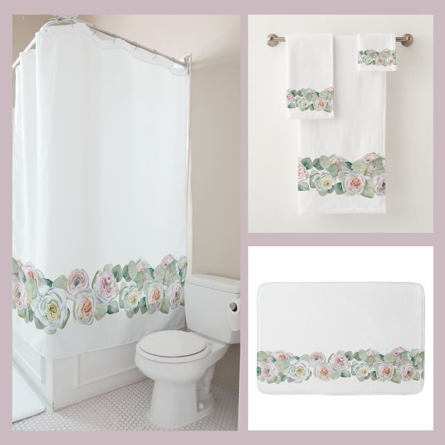 White pink green delicate watercolor roses leaves shower curtain (Creator Uploaded)