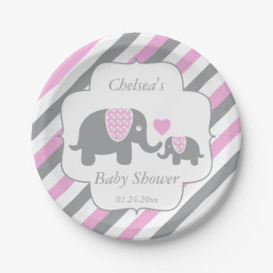White, Pink & Grey Stripe Elephants Baby Shower Paper Plate