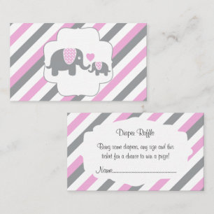 White, Pink & Grey Stripe Elephants Diaper Raffle Enclosure Card
