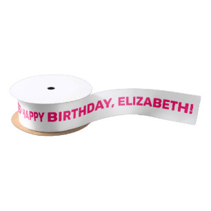 White Pink Happy Birthday Name Personalised Satin Ribbon