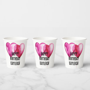 White Pink Heart Balloons Birthday Paper Cups