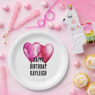 White Pink Heart Balloons Birthday Paper Plate