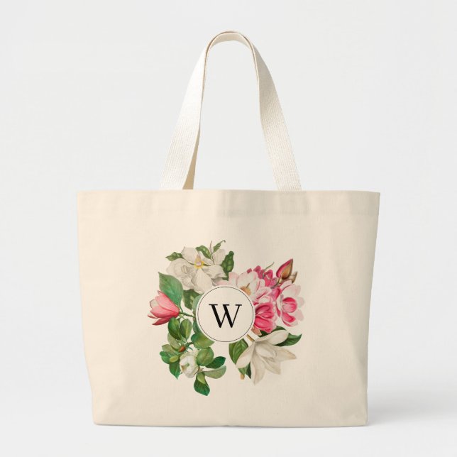 White & Pink Magnolia Flowers Monogram Large Tote Bag (Front)