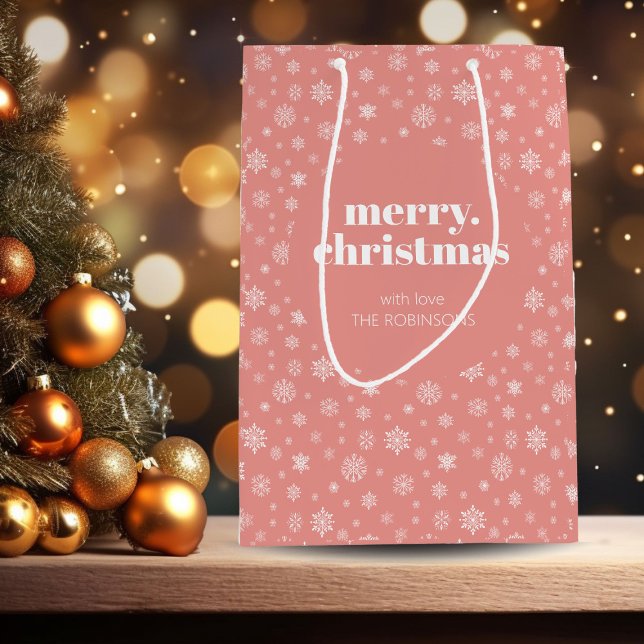 White Pink Merry Christmas Snowflake Pattern Medium Gift Bag (Christmas holiday snowflake pattern gift bag)