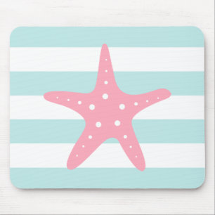 White Pink Mint Stripes Starfish Mouse Pad