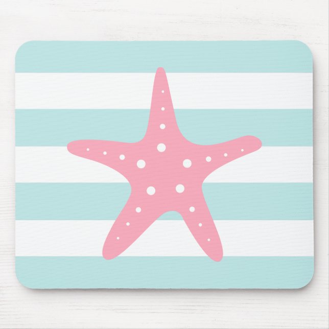 White Pink Mint Stripes Starfish Mouse Pad (Front)