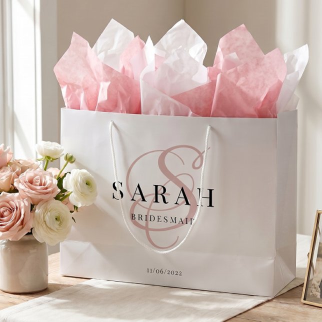 White Pink Monogram Personalised Bridesmaid Large Gift Bag (Creator Uploaded)
